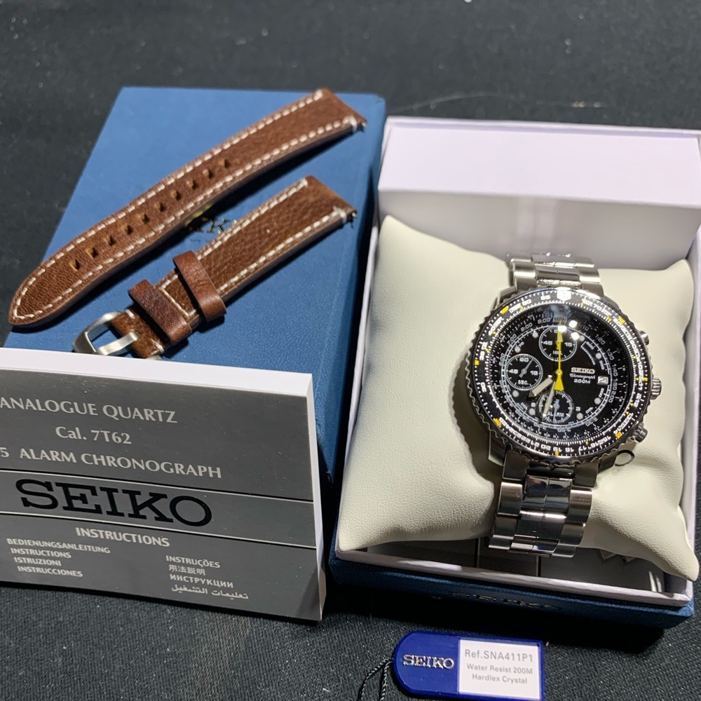 Seiko Flightmaster Chronograph Watch SNA411 Alarm
